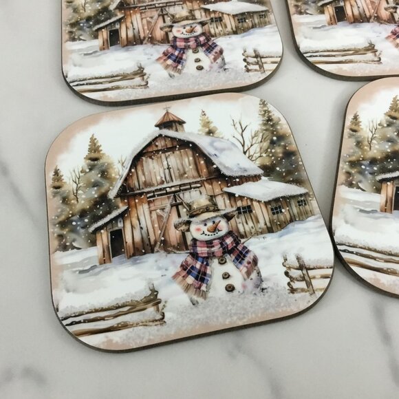 Rustic Country Snowman Wood Hardboard Coasters Set of 4 - Picture 3 of 9